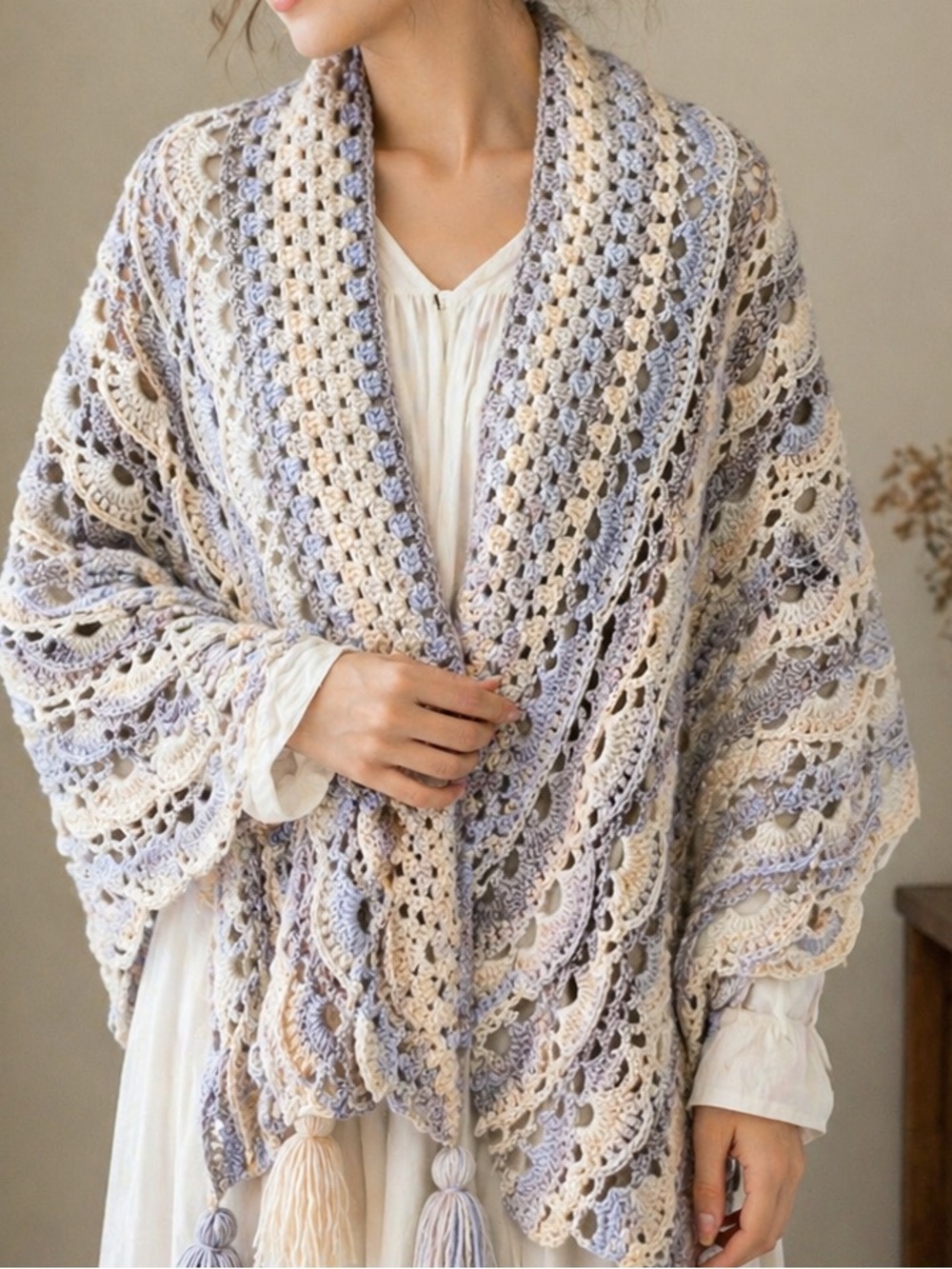 Hand-Crocheted Shell Stitch Shawl with Tassels - Cream & Light Blue